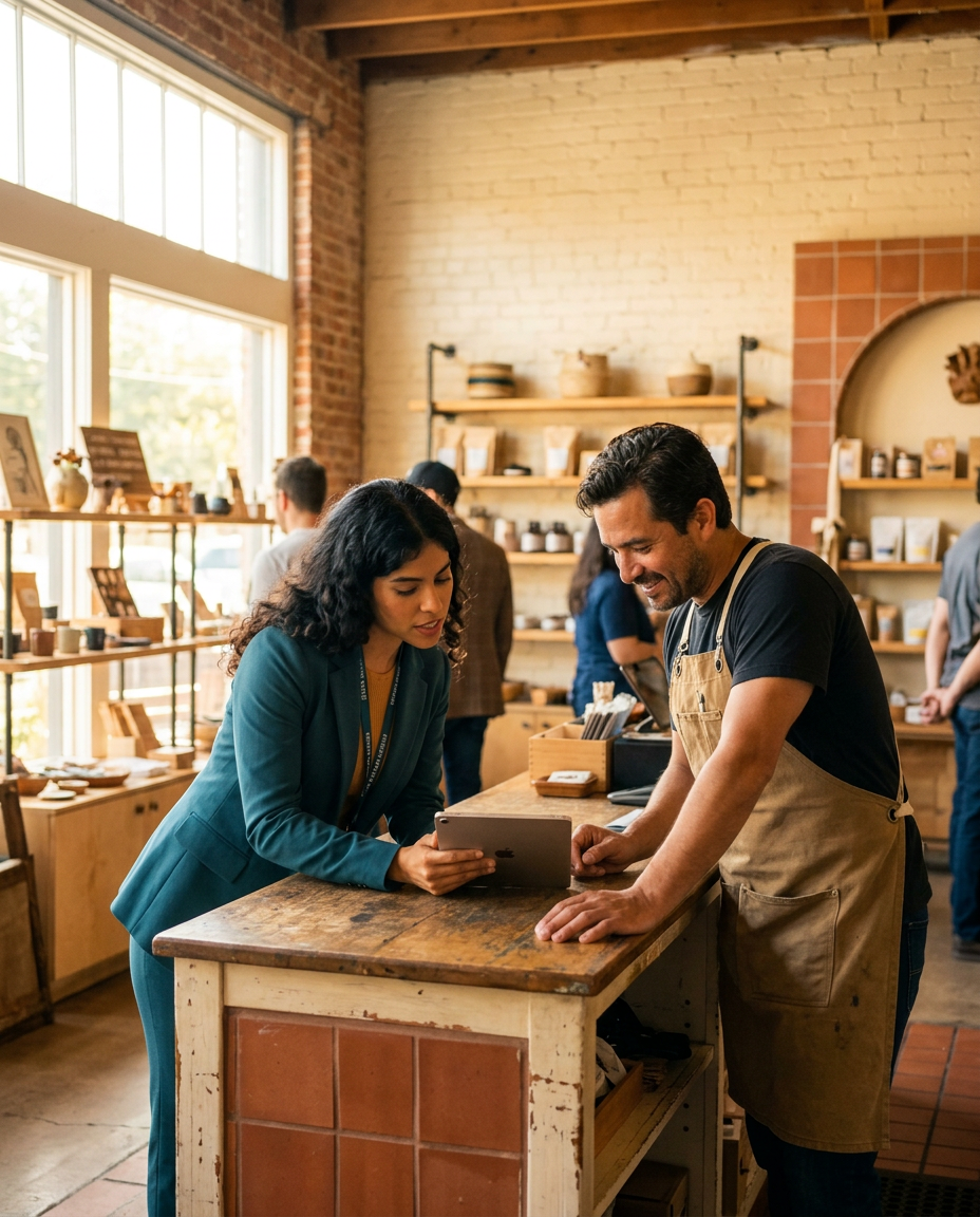 A brand representative reviewing activation results on a tablet with an Austin shop owner