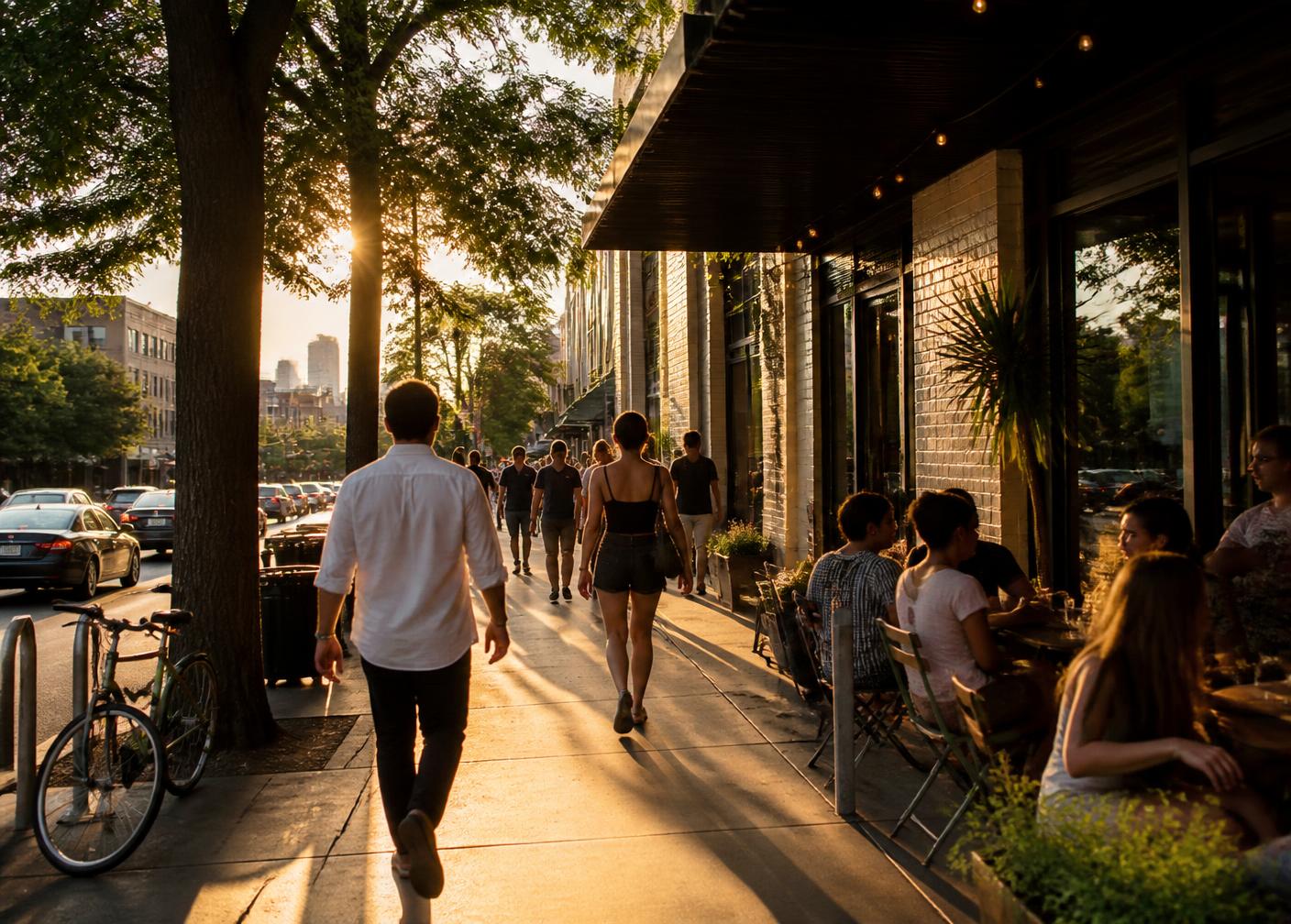 Pedestrians walking along a lively Austin commercial street at golden hour