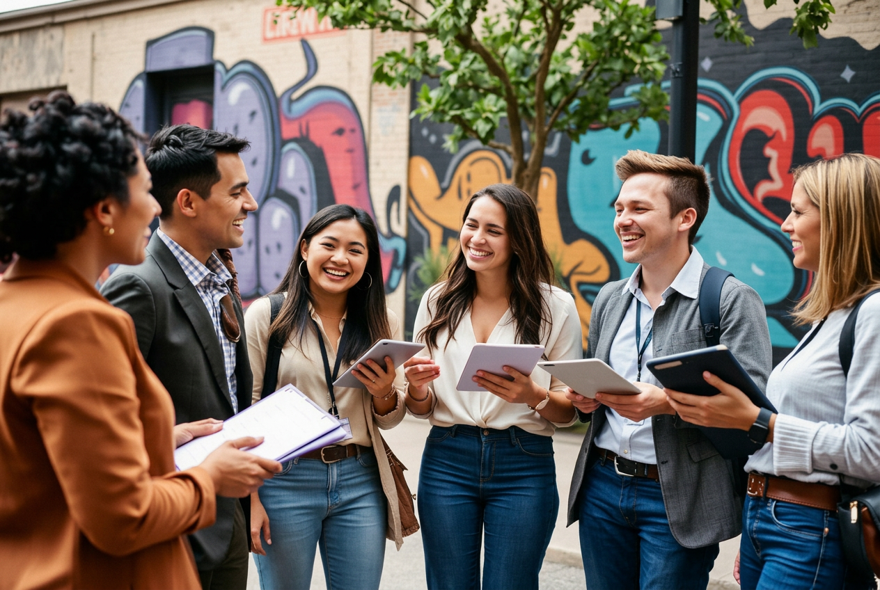 An Austin Experiential team gathered outdoors for a morning campaign briefing
